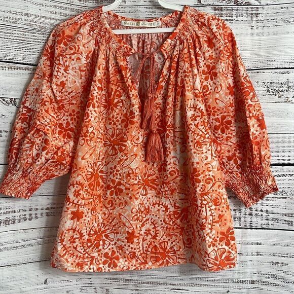 Maria Oliver Top Womens size XS Lara coral wax tassels cotton boho Blouse Floral - Picture 4 of 12